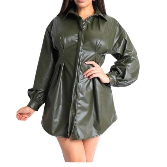 PU Faux Leather Tuck Long Sleeves Button Down Mini Shirt Dress Top - Picture 1 of 5